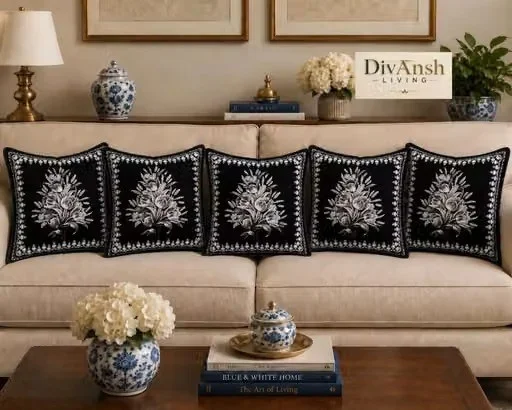 Black Floral Cotton Cushion Covers Set of 5 with Hidden Zipper