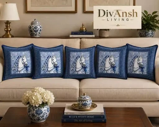 Horse Print Cotton Cushion Covers Set of 5 with Hidden Zipper