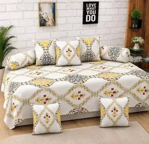 Luxury Yellow & Grey Printed Diwan Set with 5 Zipper Cushion Covers & 2 Bolster Covers