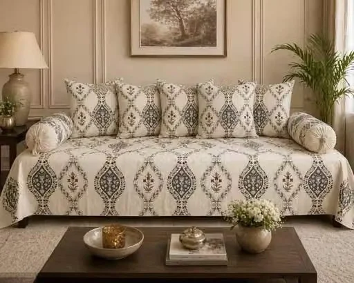 Floral Cotton Diwan Set with Cushion & Bolster Covers