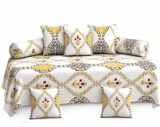 Luxury Yellow & Grey Cotton Diwan Set with 2 Bolster Covers & 5 Zipper Cushion Covers