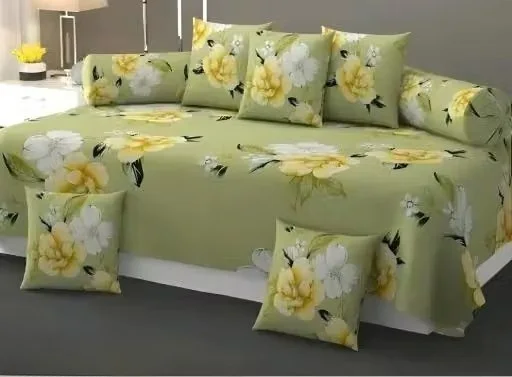 Floral Cotton Diwan Set with 2 Bolster Covers & 5 Satin Cushion Covers