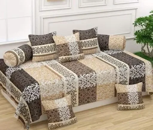 Ethnic Motif Glace Cotton 8-Piece Diwan Set with 2 Bolster Covers & 5 Cushion Covers