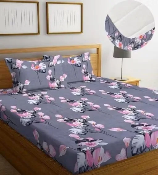 Glace Cotton Elastic Fitted Bedsheet for Double Queen Bed with 2 Pillow Covers – Floral Design