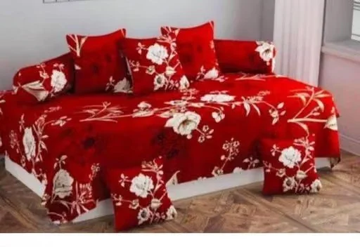 Floral Cotton 8-Piece Diwan Set with 2 Bolster Covers & 5 Cushion Covers