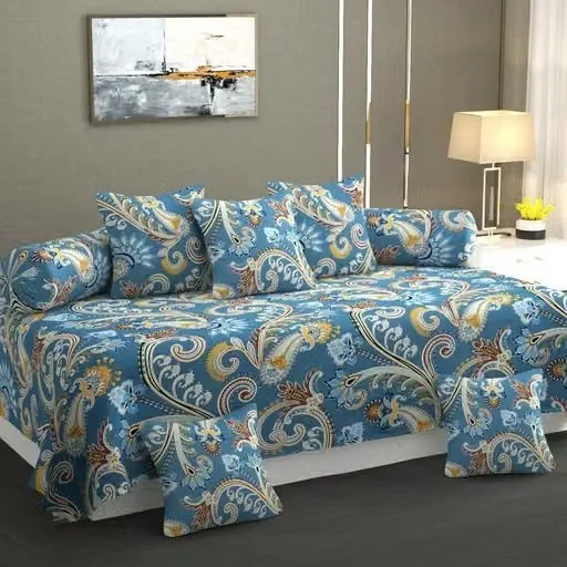 Ethnic Motif Cotton 8-Piece Diwan Set with 2 Bolster Covers & 5 Cushion Covers