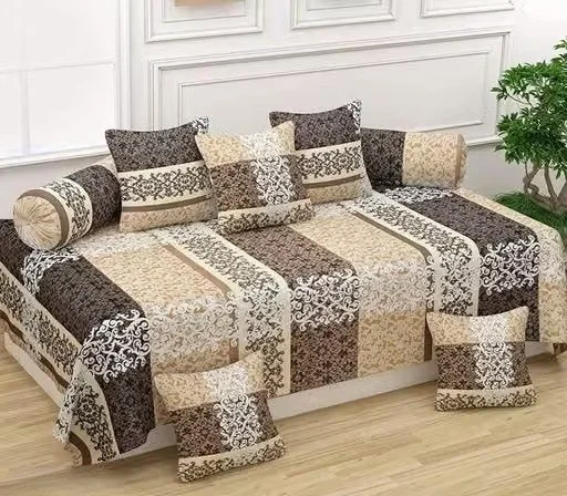 Floral Glace Cotton 8-Piece Diwan Set with 2 Bolster Covers & 5 Cushion Covers