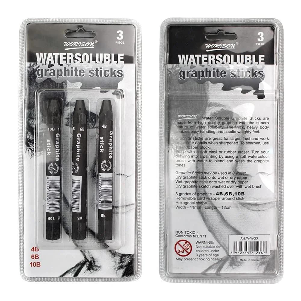 Worison Water-Soluble Graphite Stick Set of 3 – 4B, 6B & 10B for Drawing