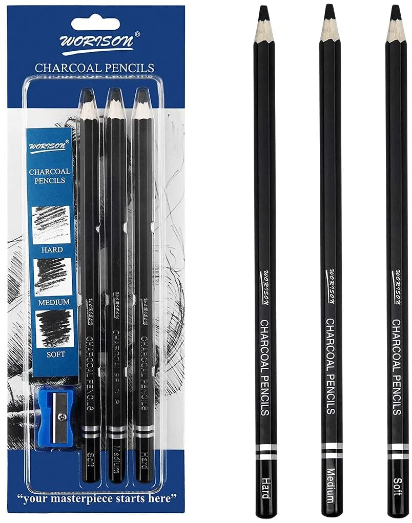 Worison Charcoal Pencil Set of 3 with Sharpener for Drawing & Sketching