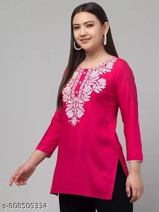 Rayon Short Kurti Lucknowi Chikankari Embroidered Ethnic Casual Tunic Top Kurta for Women