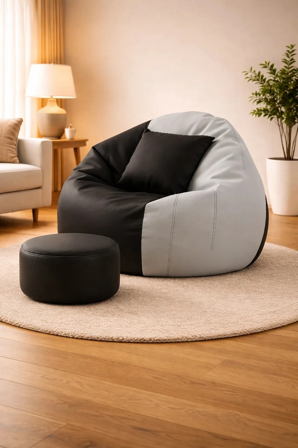 NAV Grey-Black 3-Piece Stylish XXXXL Bean Bag Set | Dual Tone Faux Leather Cover with Footstool & Cushion (Without Beans)